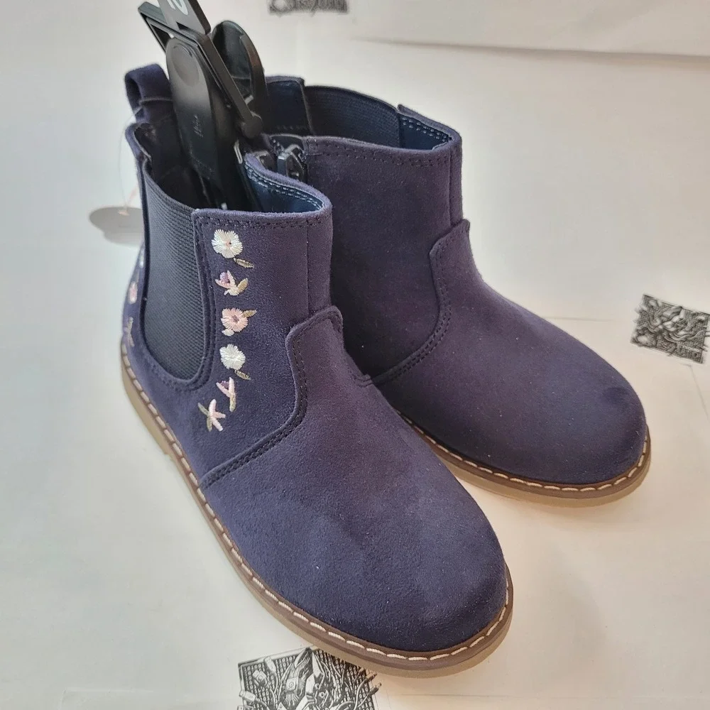 Floral Chelsea Boots Kids Blue Embroidered Ankle‎ Boots Toddler Girls Size 10